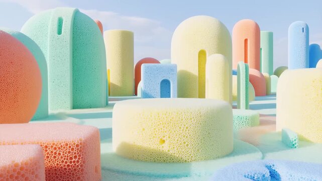 This playful video features a vibrant city made of colorful, soft foam shapes in pastel hues. The whimsical architecture showcases various forms and sizes, creating a dreamy landscape that invites exp