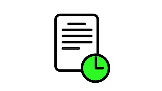 Animated document with a clock icon. Represents deadline, time limit, timed report, or urgent paperwork motion graphic.