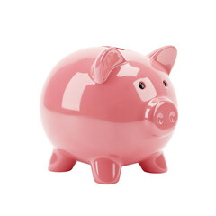 Obraz premium A glossy pink ceramic piggy bank with a coin slot on its back isolated on transparent background