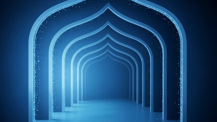 Series of blue arches leading to a distant point