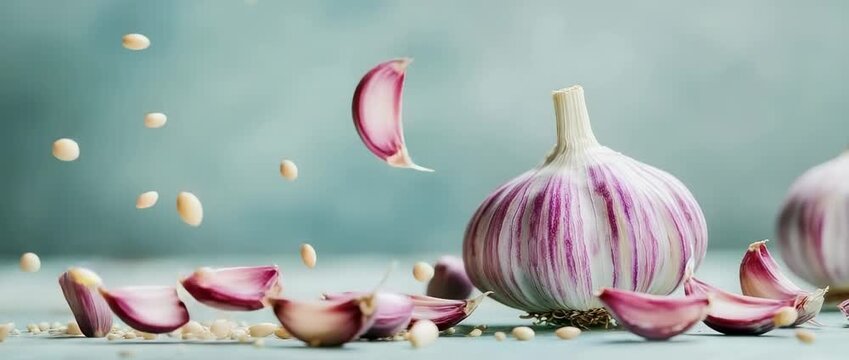 Vibrant Purple Garlic Cloves Falling Fresh Garlic Bulb Food Photography