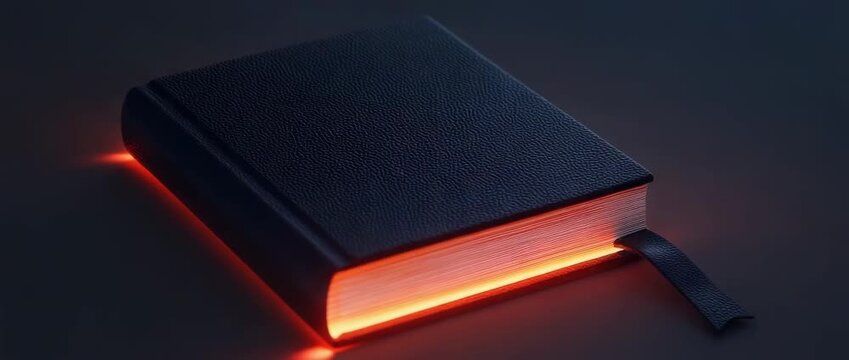 Glowing Book Illuminated Pages Dark Background Mystery Knowledge Leather Bound Red Light Fantasy