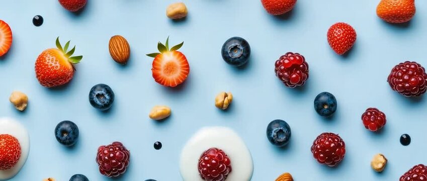 Delicious Yogurt with Berries Strawberries and Nuts on Blue Background Healthy Food Concept