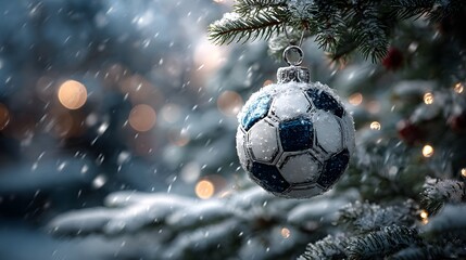Fototapeta premium Christmas tree ornament shaped like a realistic soccer ball hangs on a pine branch amidst falling snow and soft cold winter lighting.