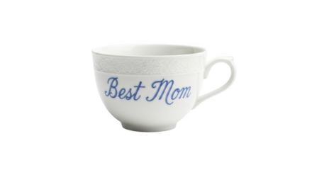 White teacup with blue Best Mom inscription and decorative rim