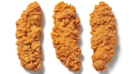 Three pieces of fried chicken are shown on a white background