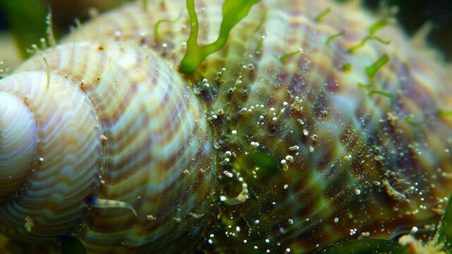 Close-up of seashell in underwater, showing vibrant colors and seaweed, for scientific study or marine design