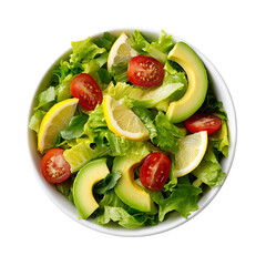 Fresh avocado tomato salad in bowl isolated on transparent background