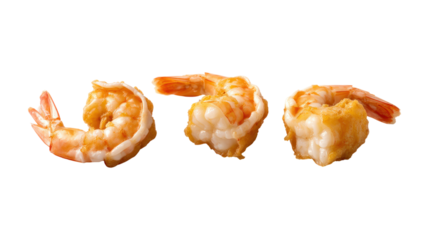  Three shrimp are fried and sitting on a white background