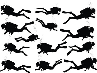 Scuba divers in various swimming positions in black silhouette against white background © Authentic