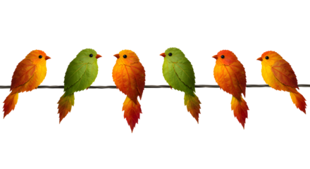 Vibrant leaf birds perched on wire against black background