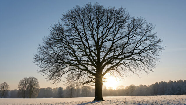 Winterlandschaft mit Baum im Sonnenlicht &ndash; ruhige Natur im Frost