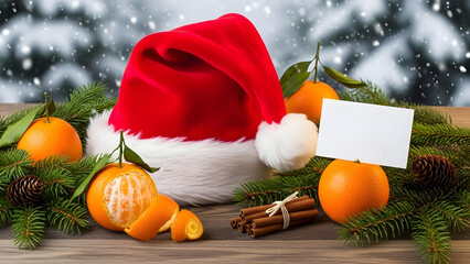 A Santa hat surrounded by oranges and evergreen branches on a wooden table with a snowy forest background and a blank greeting card