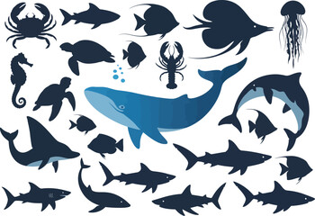 Diverse ocean creatures including whale shark squid and fish in silhouette on white background
