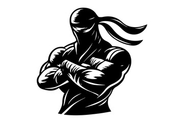 Fototapeta premium A striking monochrome illustration of a powerful martial arts fighter with a concealed identity, demonstrating strength and discipline through a resolute pose, perfect for emblems and design projects