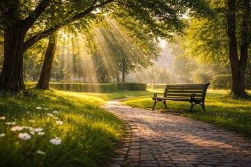 Golden sunbeams pierce through verdant trees, casting an ethereal glow upon a winding park path and tranquil bench, evoking a sense of peaceful morning serenity and natural beauty