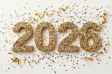 Gold Confetti Glitter Numbers 2026 on White Background for New Year Celebrations