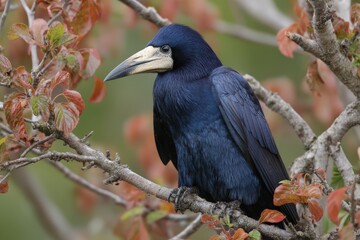 Majestic rook posing amidst autumn branches in serene natural setting.