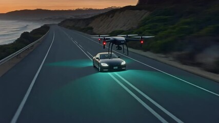 Aerial drone following a luxury car driving on a coastal highway at dusk with vibrant blue lights illuminating the road - Powered by Adobe