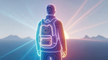 Futuristic hiker with neon outline backpack glowing at sunrise, exploring digital landscape