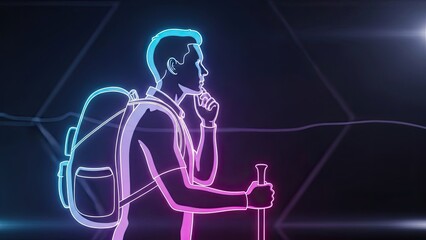 Hiker Silhouette with Backpack and Trekking Pole, Neon Outline, Dark Background