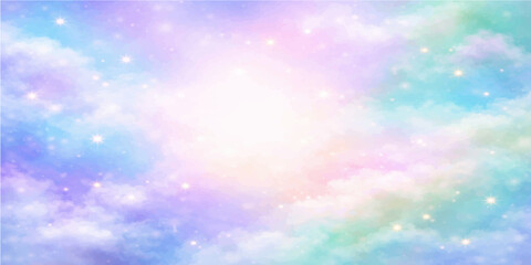 Fototapeta premium Abstract colorful background with bokeh features a bright blue summer sky where white clouds and sunlight create a beautiful clear atmosphere of heavenly nature