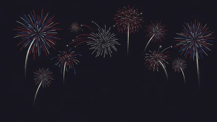Vibrant fireworks exploding in the night sky with colorful bursts of red, white, and blue against a dark background