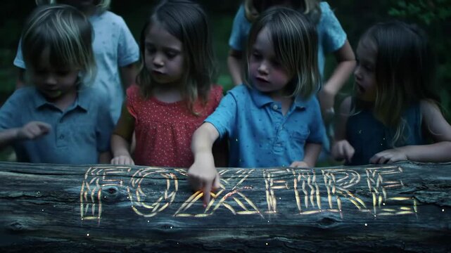 Children touch illuminated carved "FOXFIRE" on log in forest, nature scene, for education