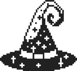 Fototapeta premium pixel art wizard hat with stars retro magic sorcerer cap icon in monochrome 8 bit on transparent background