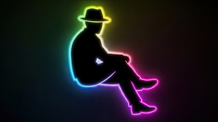Obraz premium Man in Hat Silhouette with Neon Rainbow Outline Sitting Against Dark Background