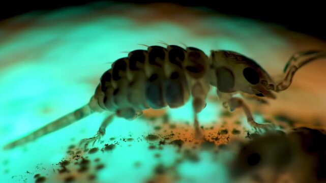 Macro shot of a springtail crawling on textured surface, abstract colorful background for research use