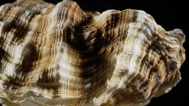 Macro view of an ornate clam shell with textured surface, dark background, for design