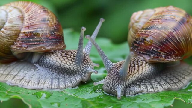 Two snails meeting on a wet leaf, close up, nature, for educational, illustrative, or website use