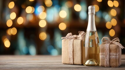 Champagne and Gifts with Bokeh Lights for Celebration and Holiday Decor