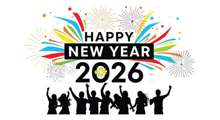 Fototapeta premium Celebratory fireworks illuminate a crowd welcoming the year 2026 with joyful enthusiasm and festive spirit