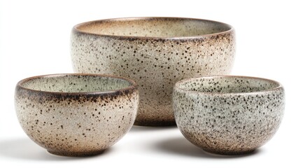 A set of three speckled ceramic bowls in varying sizes. The bowls have a neutral color palette with a rustic texture