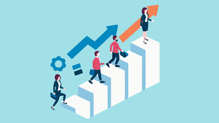 Diverse business professionals climbing up bar graph with arrows, symbolizing career growth