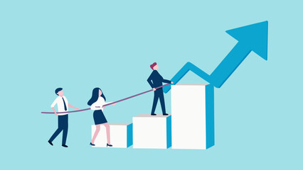 Teamwork and collaboration concept with business professionals pulling a rope to lift