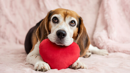 Adorable beagle puppy sweetly poses with a vibrant red heart shaped plush toy