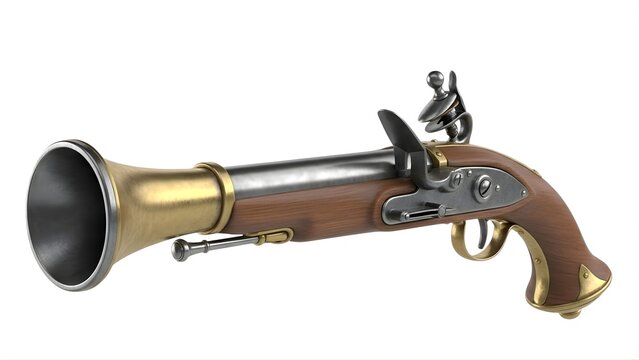 Vintage flintlock pistol illustration displaying historical firearm craftsmanship with wooden grip and metal barrel isolated studio render