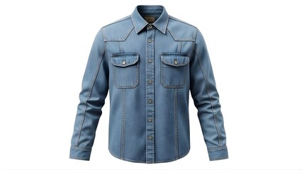 Blue denim shirt apparel mockup showcasing classic casual fashion clothing with buttons pockets and long sleeves for modern wardrobe isolated product display