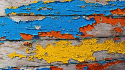 Weathered wooden planks with peeling paint in vibrant colors.