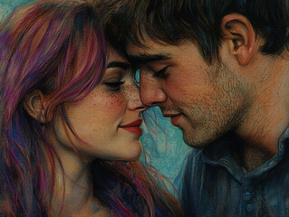A painted-style portrait of a couple touching foreheads, expressing affection, emotional warmth, trust, and deep romantic connection.