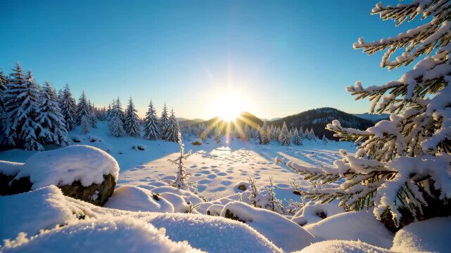 Winter snow forest sunrise scene Winter snow mountain sunrise beauty