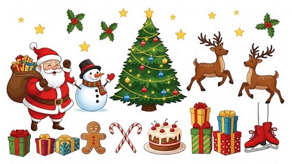 Santa Claus, Christmas Tree, Gifts and Reindeer, Snowman, Holiday
