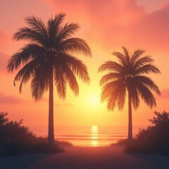 Sunset silhouette of palm trees