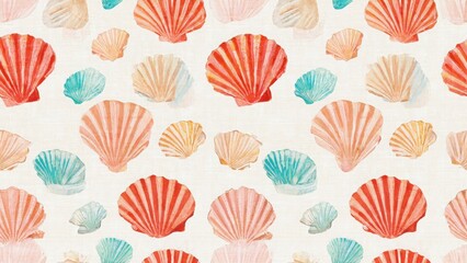 Watercolor pattern of scallop shells on off white background