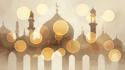 Beautiful mosque with golden lights and crescent moon