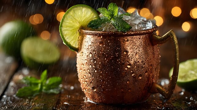 Frosty copper mug filled with a refreshing Moscow Mule cocktail sits on a rustic wooden bar counter with fresh lime and mint garnishes.