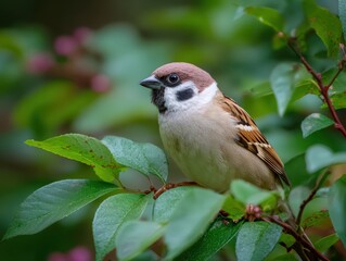 Tranquil eurasian tree sparrow perched amidst lush greenery in natural habitat.